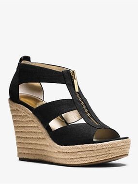 Michael Kors Black Espadrille Wedge Sandals with Jute Platform